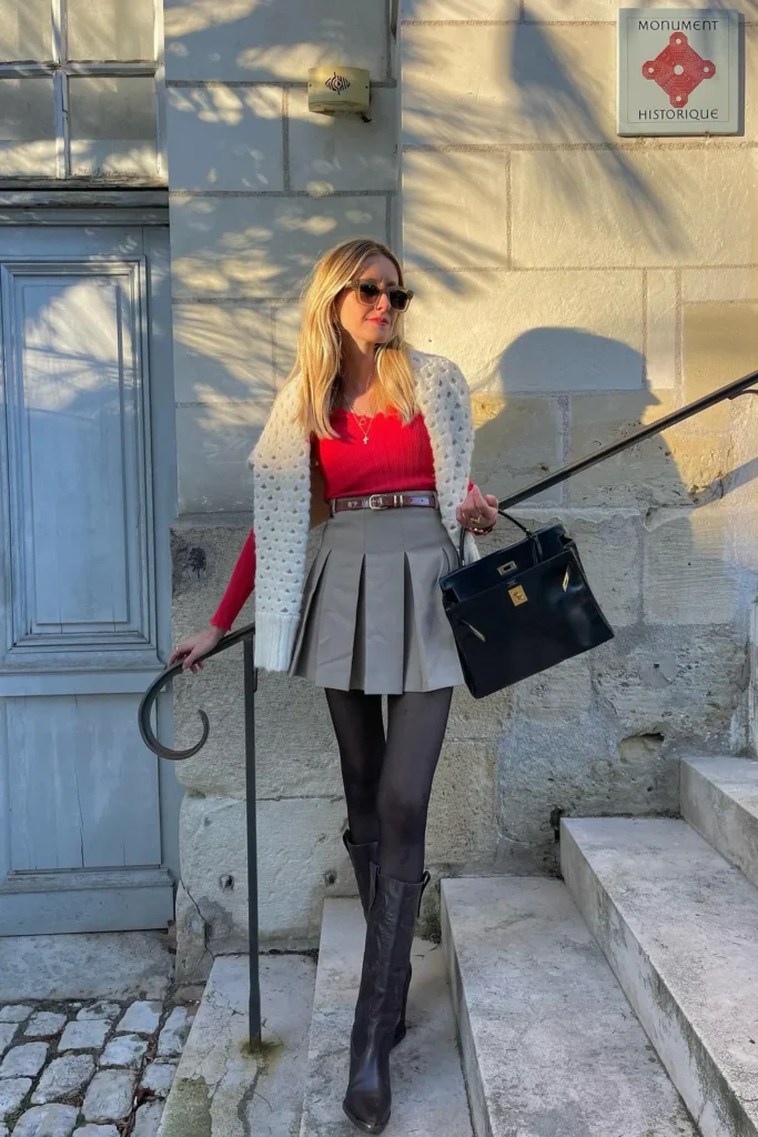 red-knit-top-and-a-pleated-mini-skirt-for-a-daytime-date
