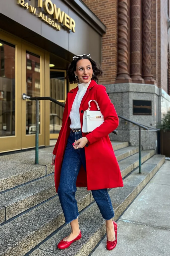 A Casual Valentine’s Day Outfit With a Red Coat and Jeans