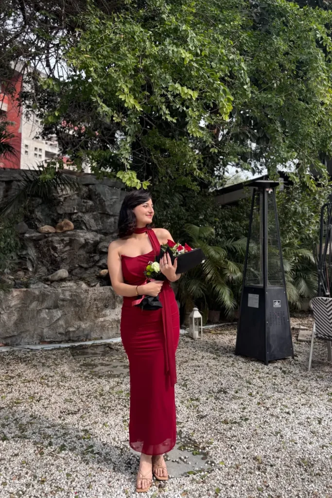 One Shoulder Red Maxi Dress With a Neck Scarf
