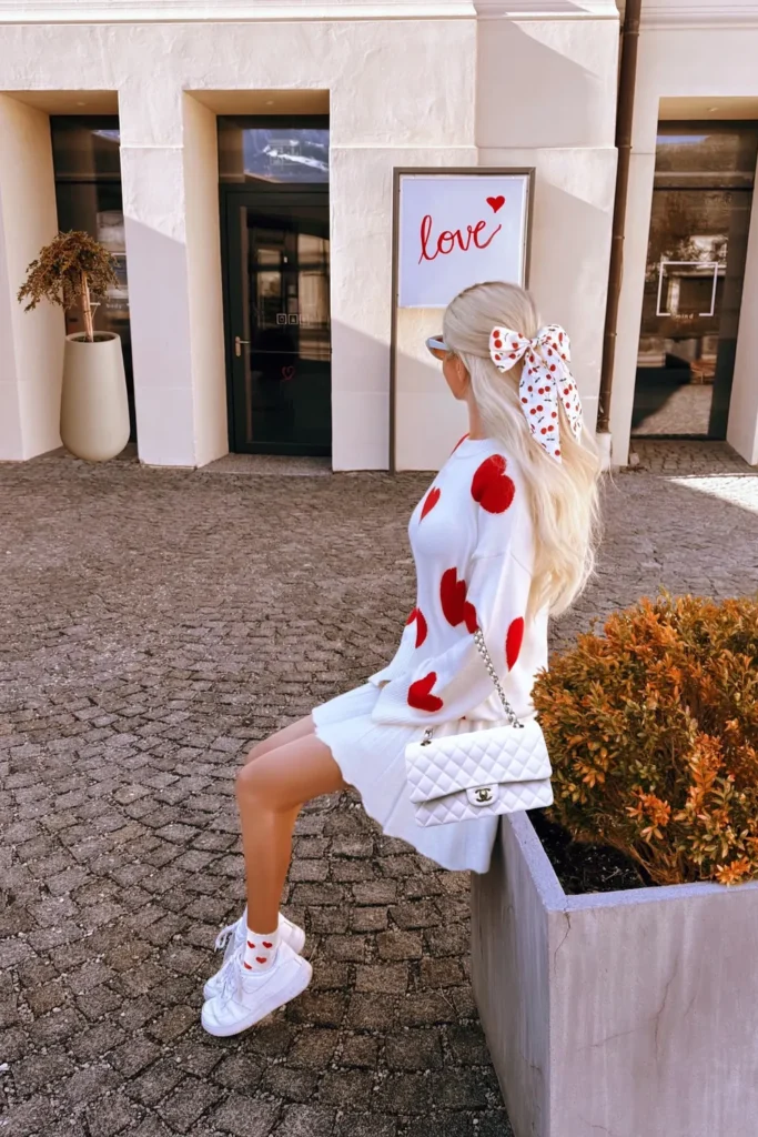 Heart Print Sweater and White Sneakers for Galentine’s Day