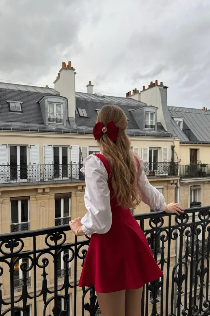 Red Pinafore Dress Over a White Puff Sleeve Blouse
