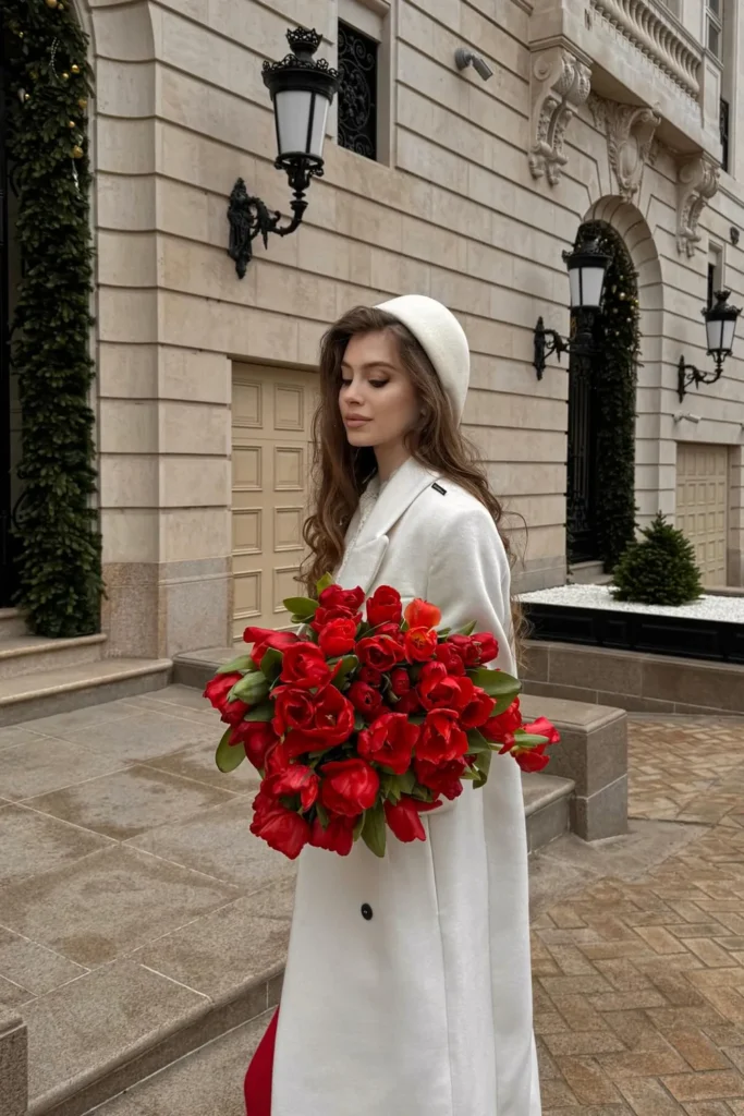 A Long White Wool Coat With a Flash of Red