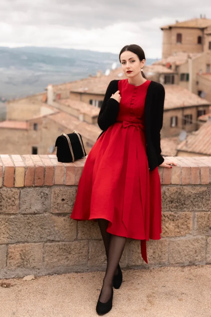 Red Fit and Flare Midi Dress With a Black Cardigan