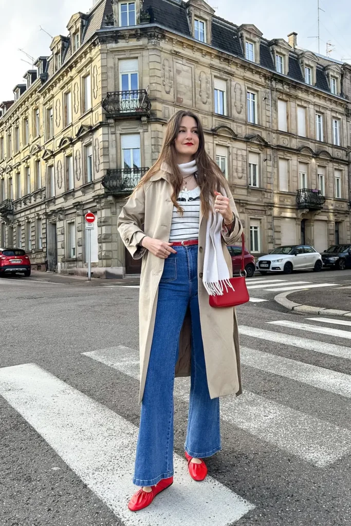Trench Coat, Wide Leg Jeans, and Red Accents