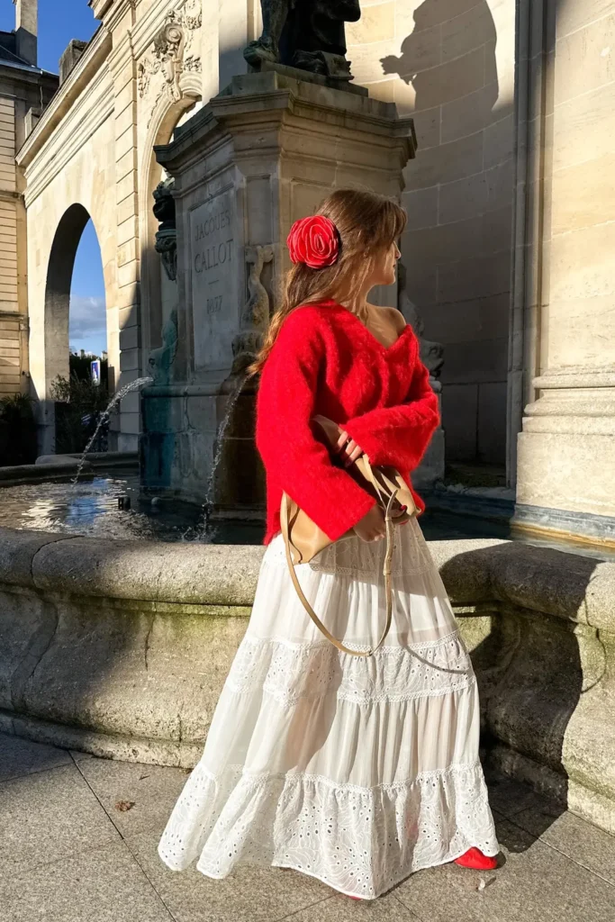 Fuzzy Red Sweater and a White Tiered Maxi Skirt