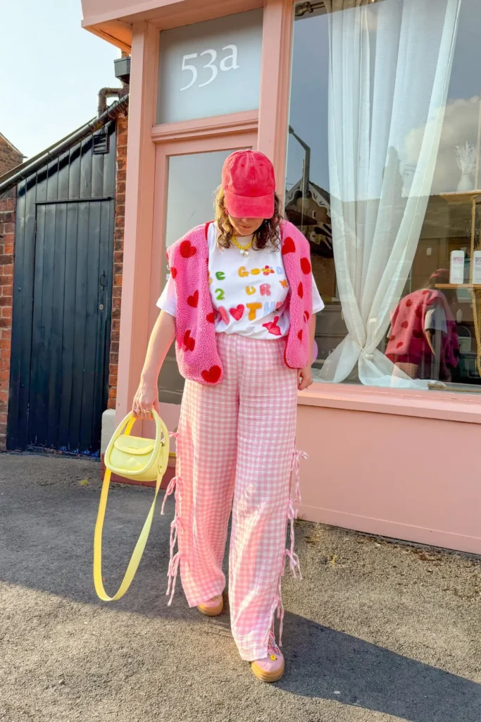 Gingham Pants and a Heart Fleece Vest for Weekend Plans