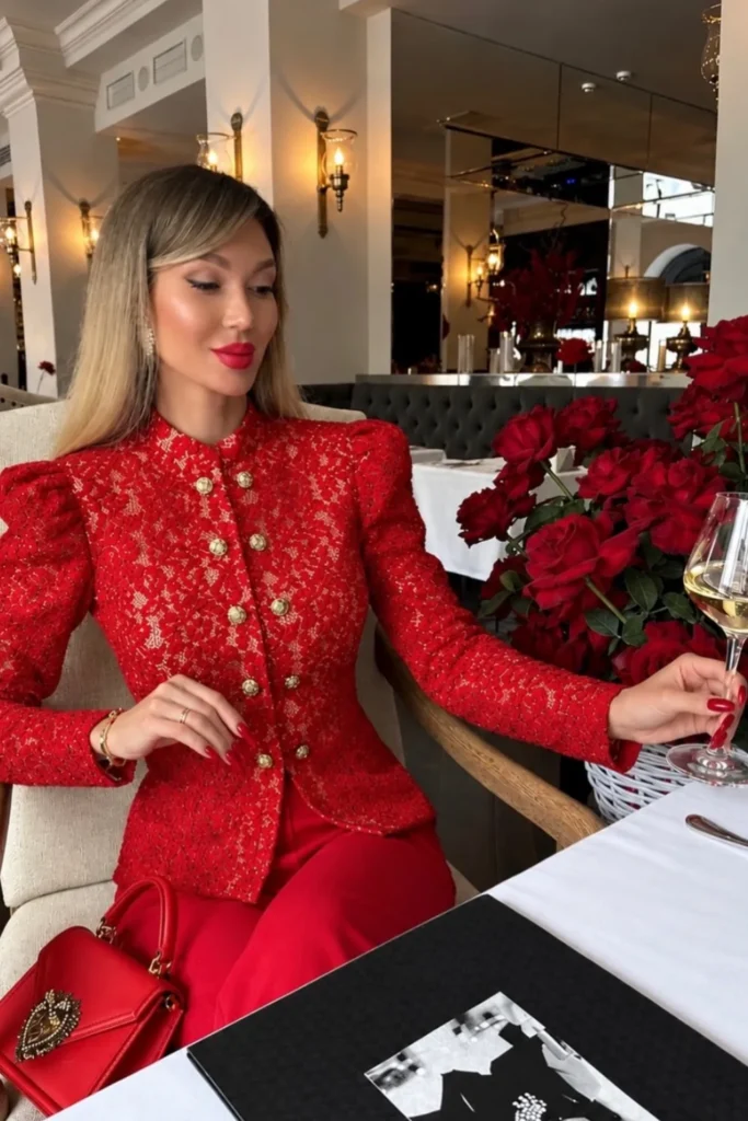 A Red Textured Jacket and Matching Trousers for a Restaurant Date