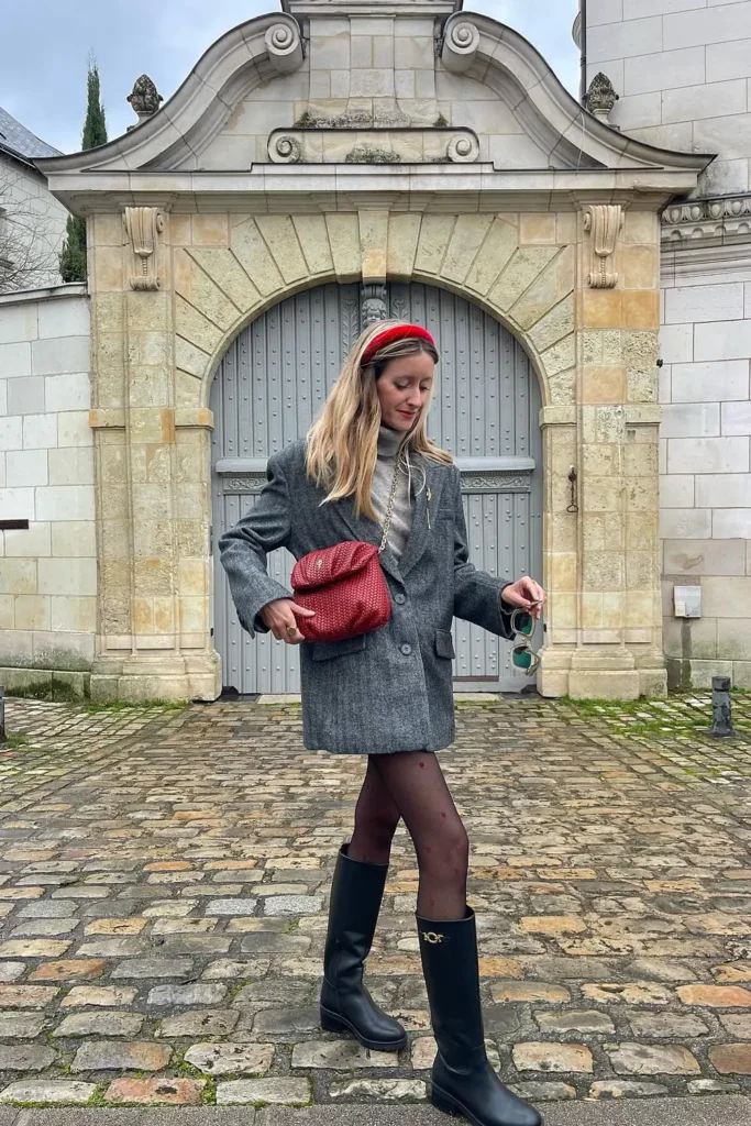 Gray Herringbone Blazer With Red Dotted Tights
