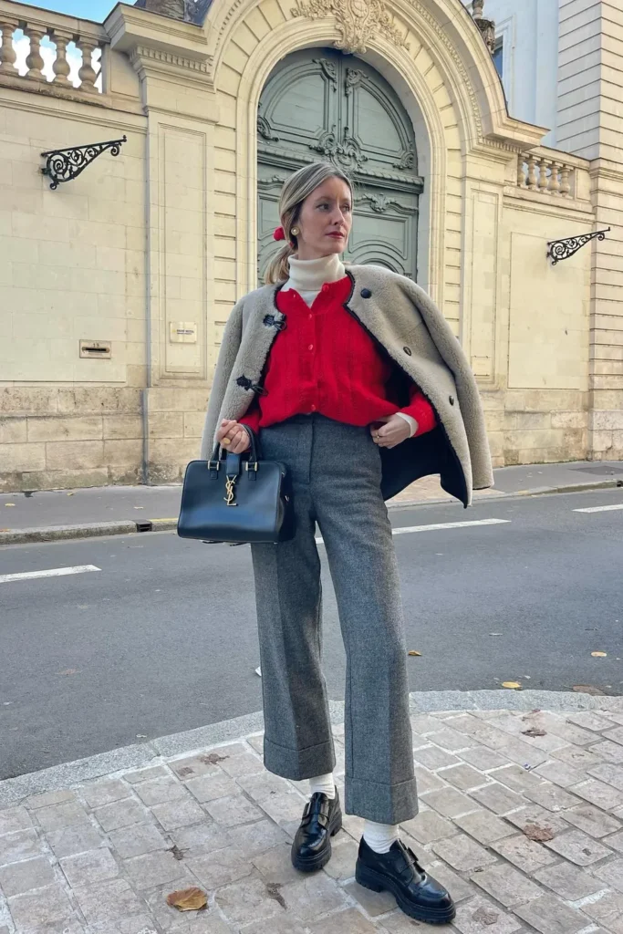 Red Cardigan and Gray Wool Trousers for the Office