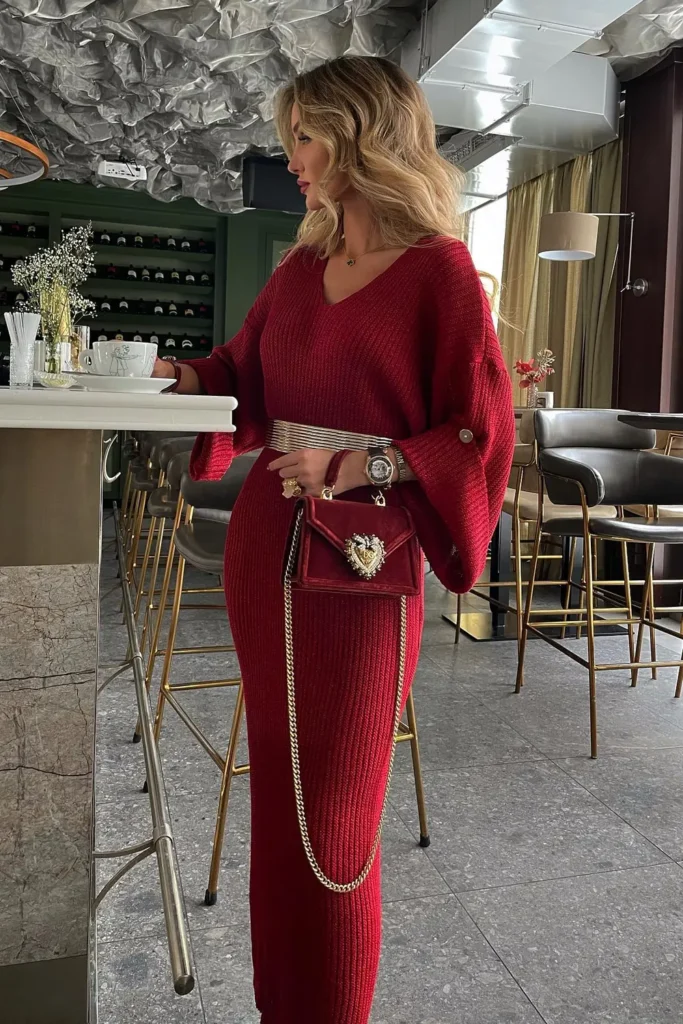 Ribbed Red Knit Maxi Dress With a Gold Belt