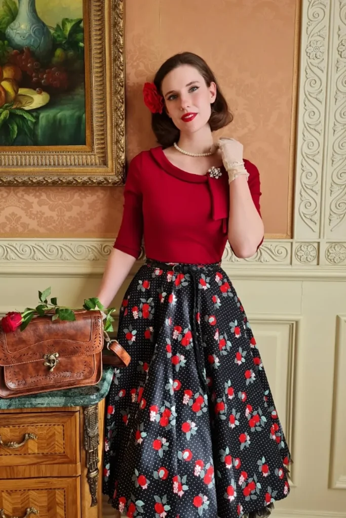 Fitted Red Top and a Black Circle Skirt, Fifties Style
