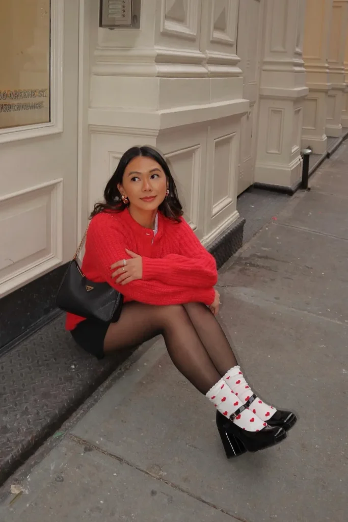 Red Cardigan, Heart Socks, and Patent Mary Janes