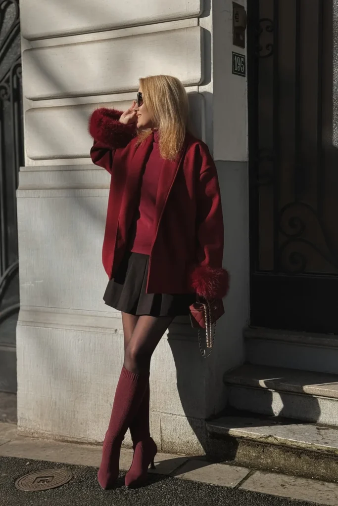 Burgundy Coat With Fur Cuffs and Matching Sock Boots