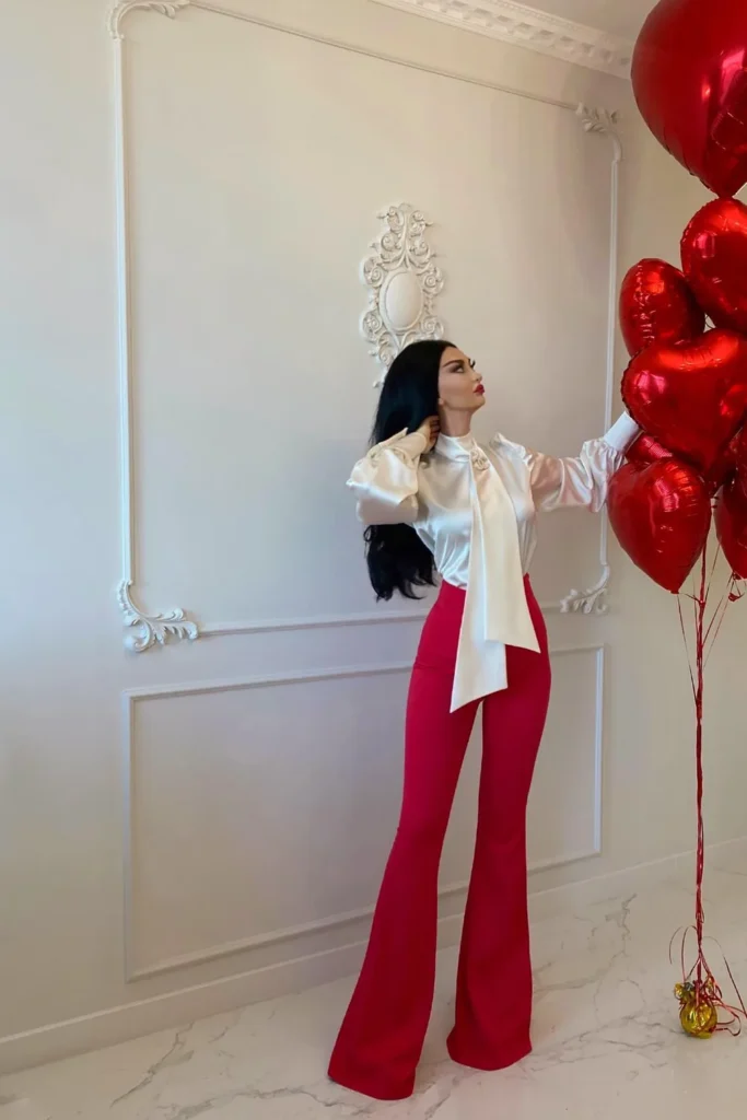 White Satin Bow Blouse and Red Flare Pants