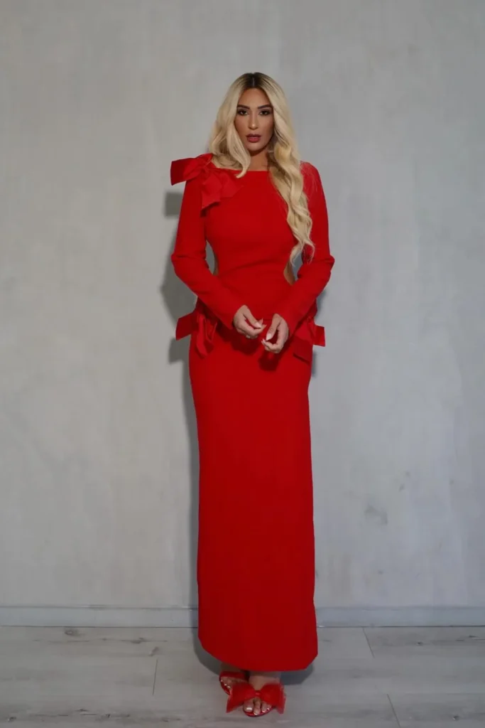 Red Column Maxi Dress With Oversized Bows