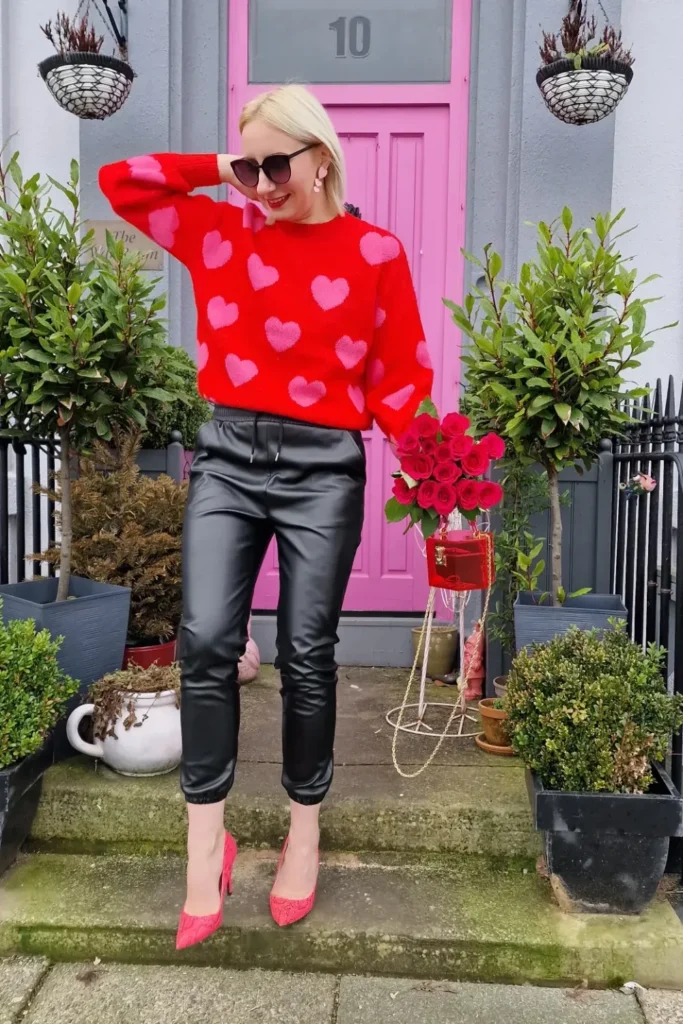 Red Heart Sweater With Black Faux Leather Joggers