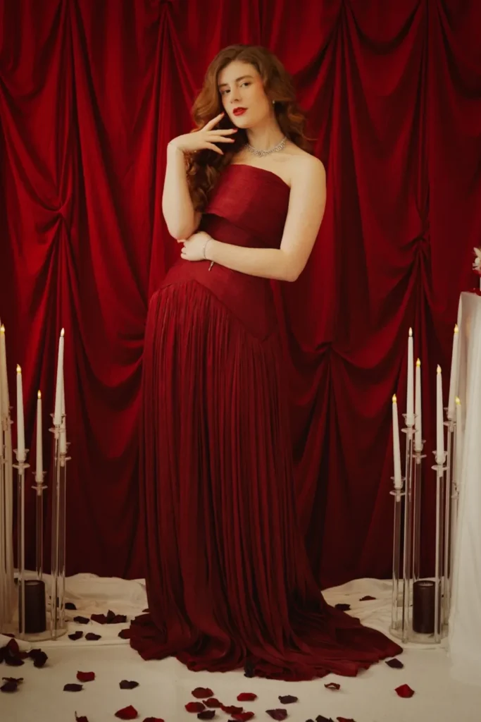 Burgundy Strapless Pleated Gown for a Formal Night
