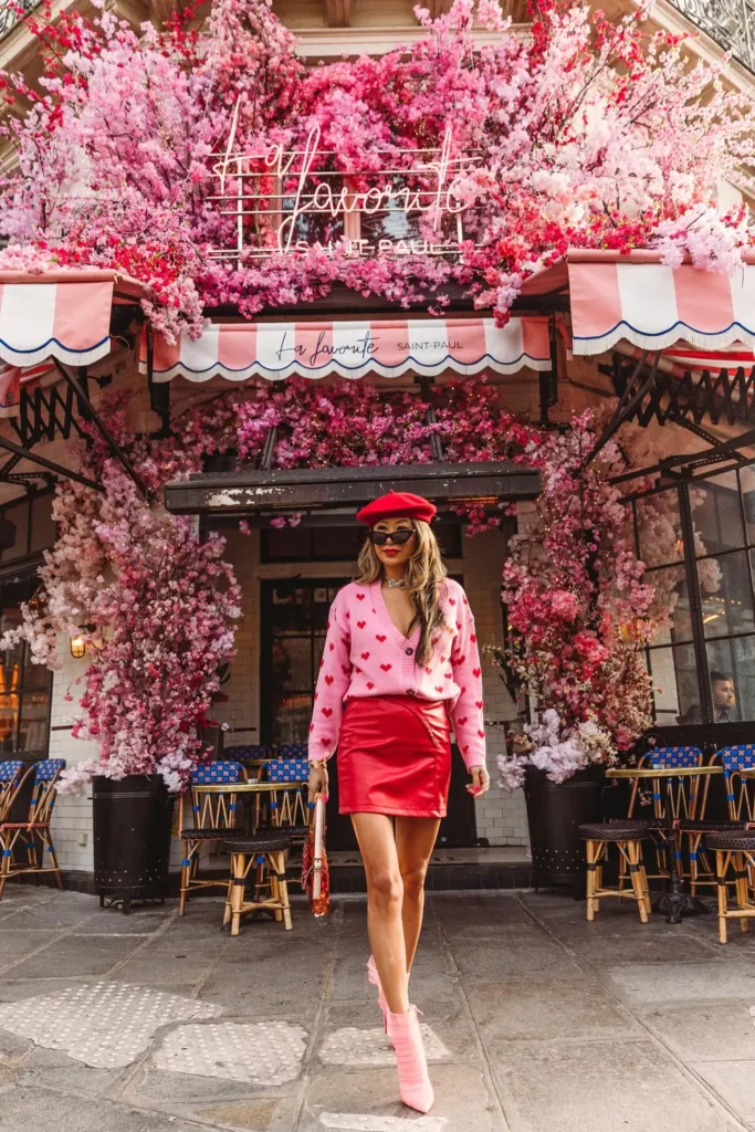 Pink Heart Cardigan and a Red Faux Leather Mini Skirt