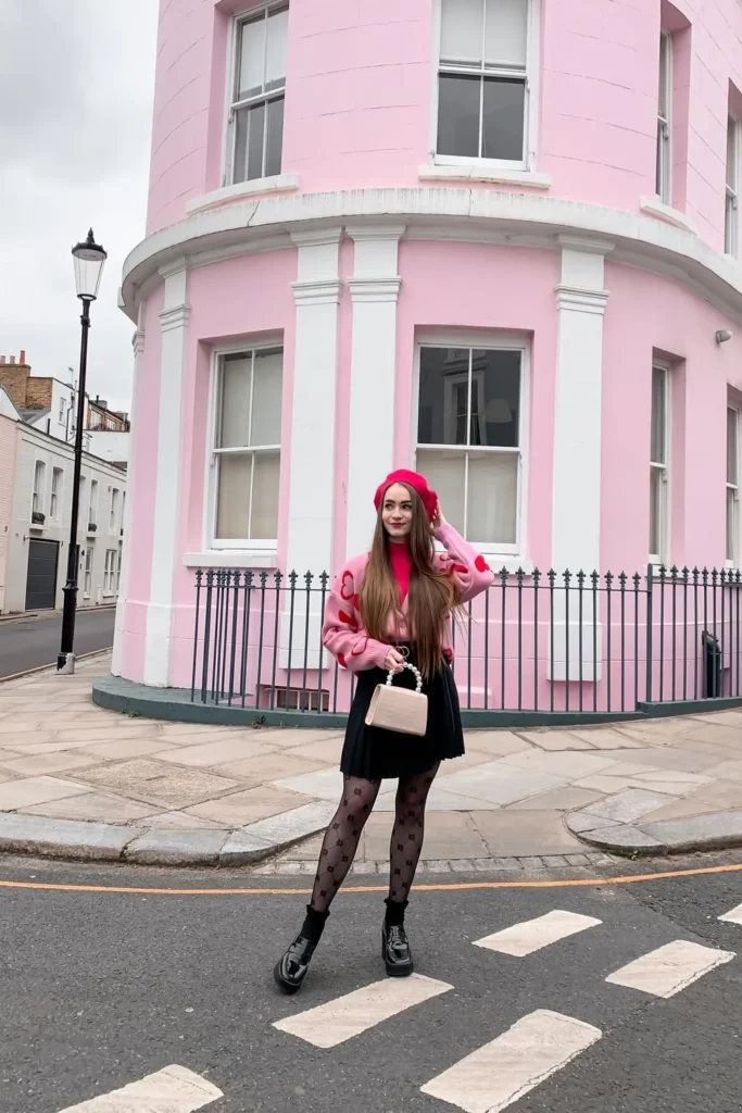 Pink Heart Cardigan Over a Hot Pink Turtleneck