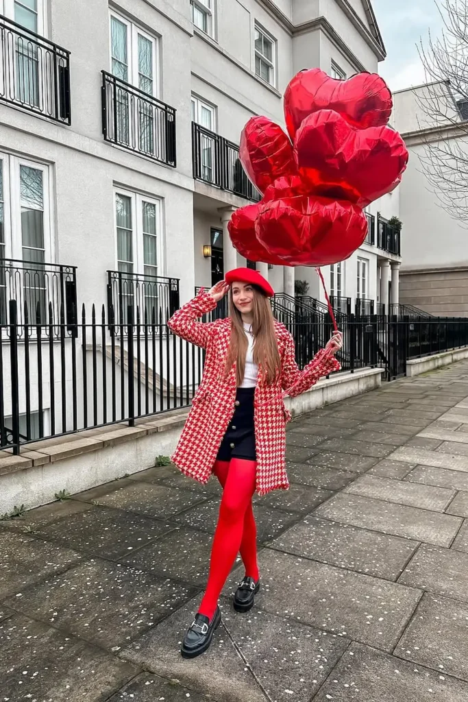 Red Houndstooth Coat With Red Tights