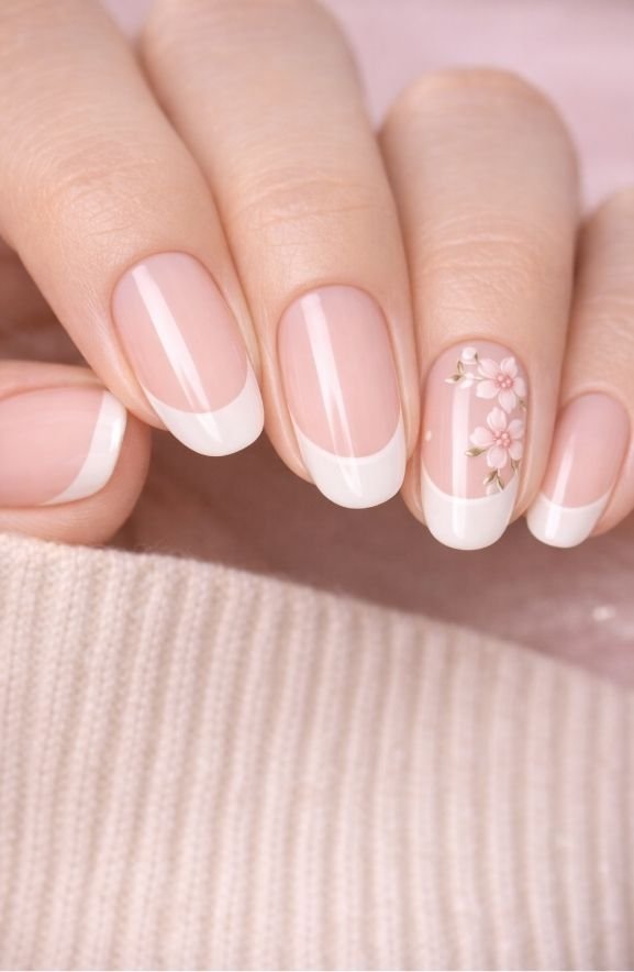 Blush Pink French Nails With Floral Details