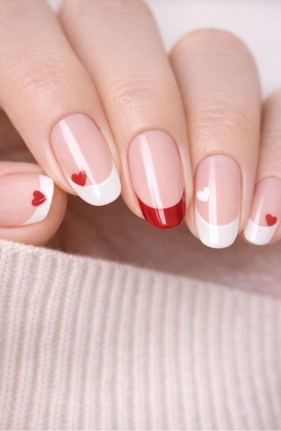 Heart-Shaped Nail Art on French Tips