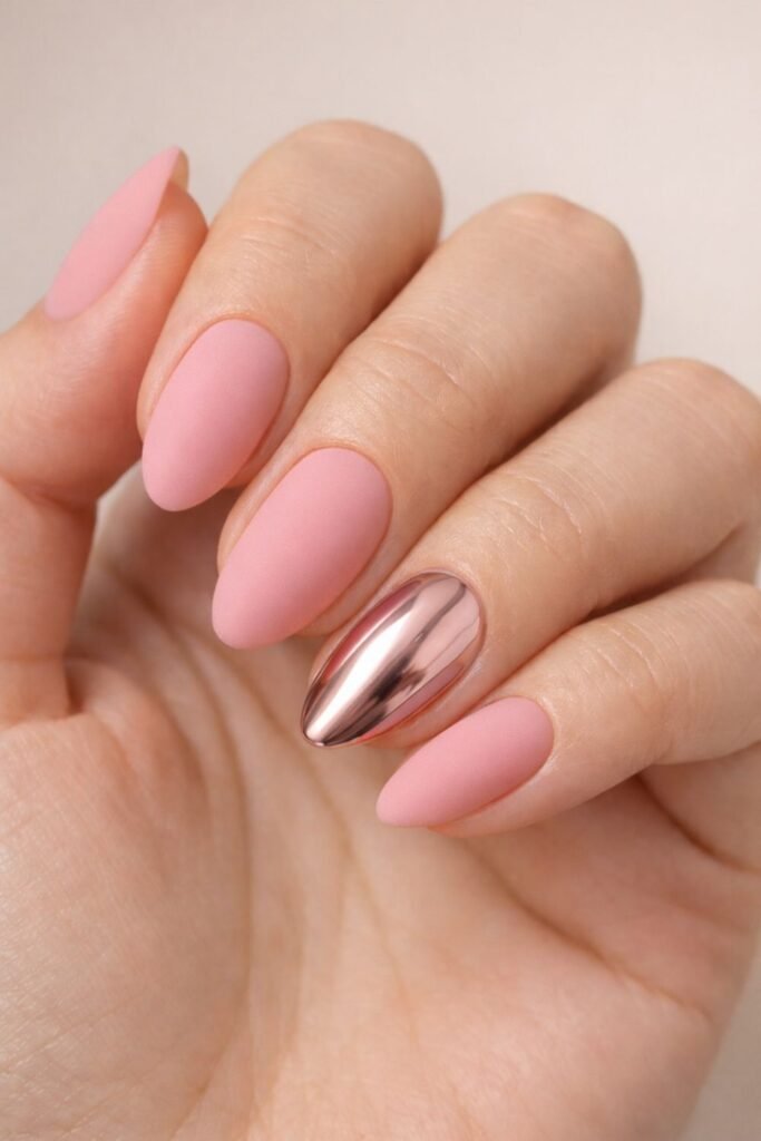 Matte Pink With Shiny Chrome Accent Nails