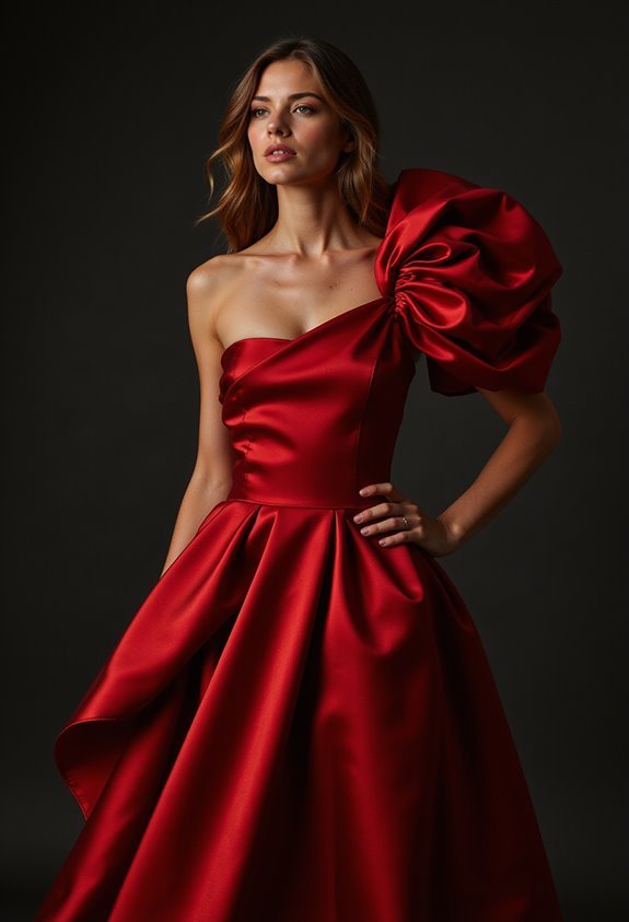 asymmetric ruched one shoulder crimson gown