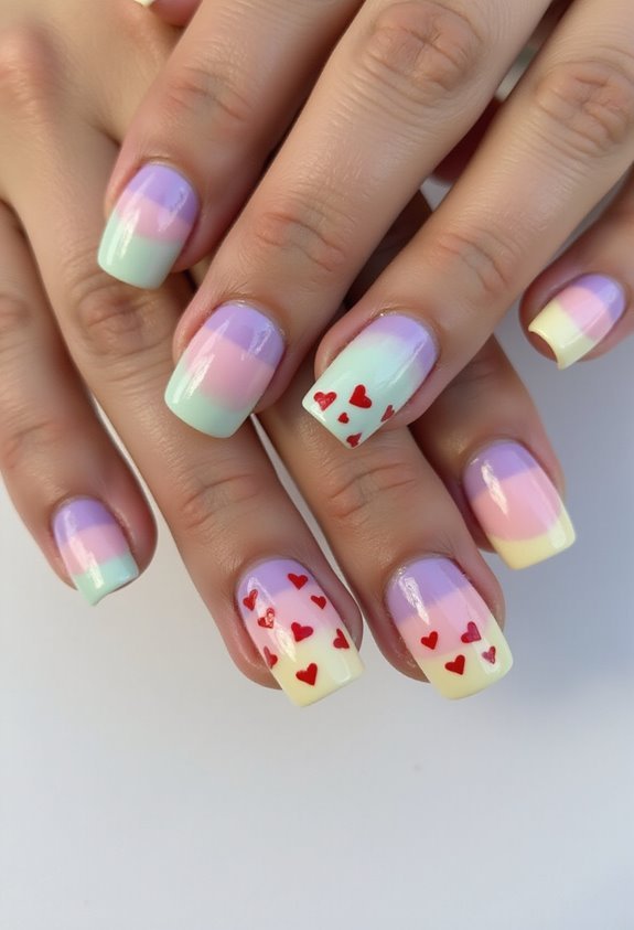 pastel rainbow heart accented nail art
