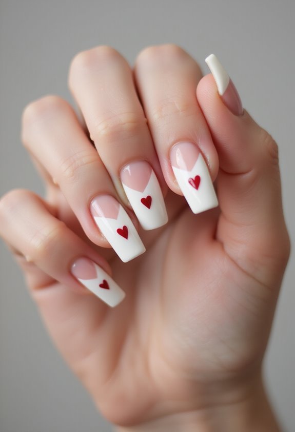 romantic two tone french manicure with hearts