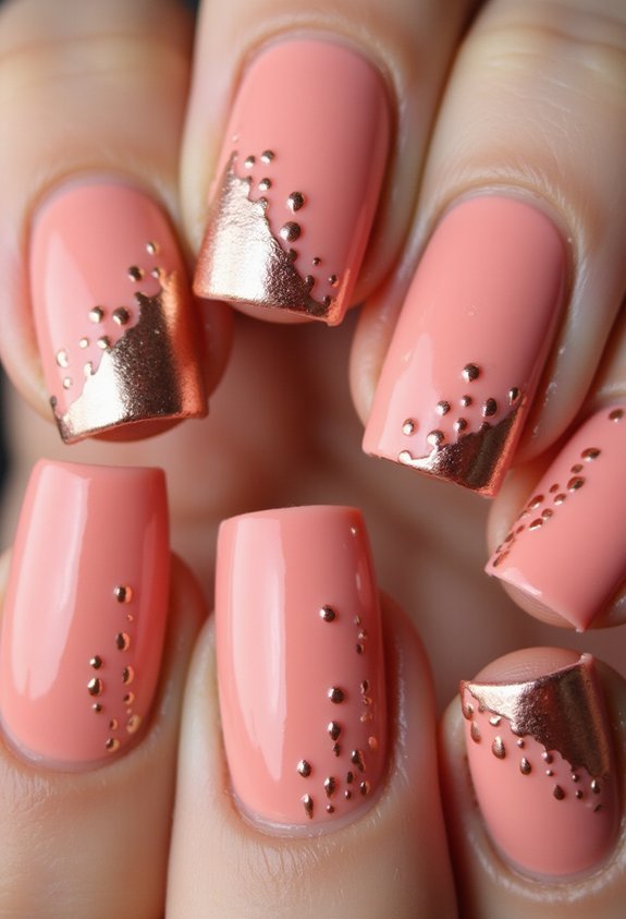 warm elegant metallic coral nail art