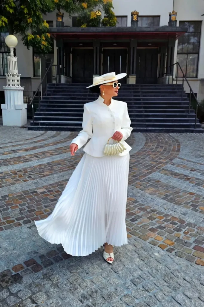 An All White Pleated Maxi Skirt Work Outfit