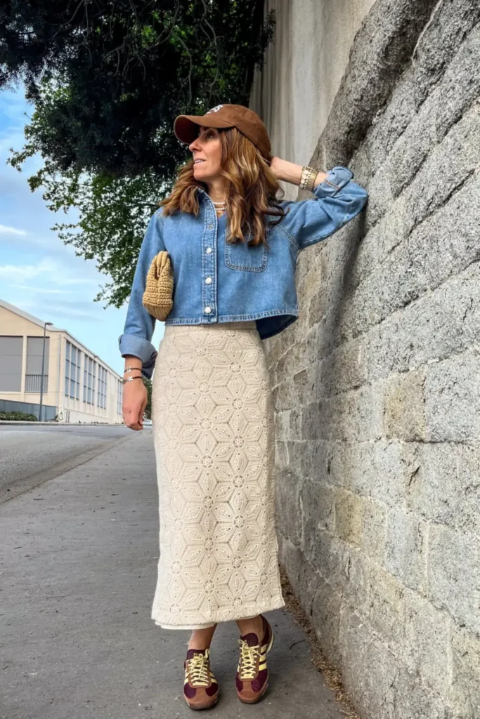 Cream Crochet Skirt With a Cropped Denim Shirt