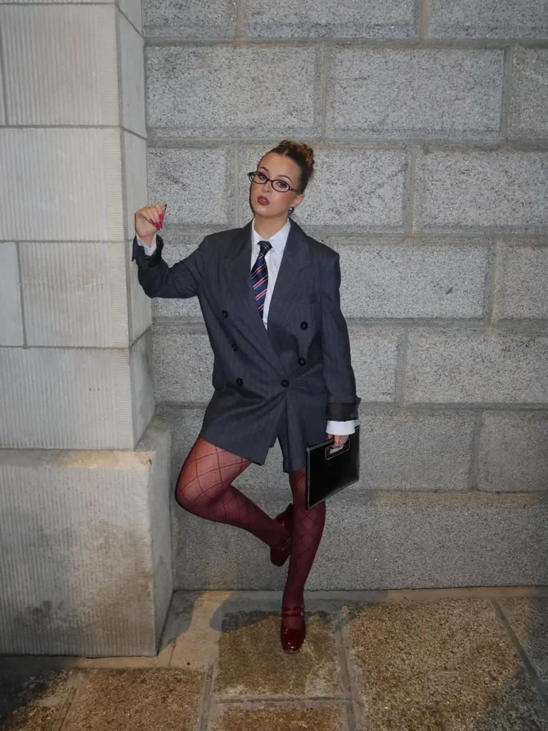 Pinstripe Blazer Dress With Burgundy Tights