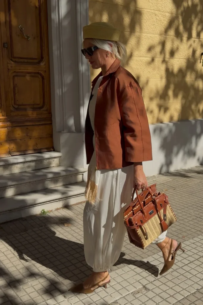 Rust Jacket and Cream Balloon Pants for Client Days