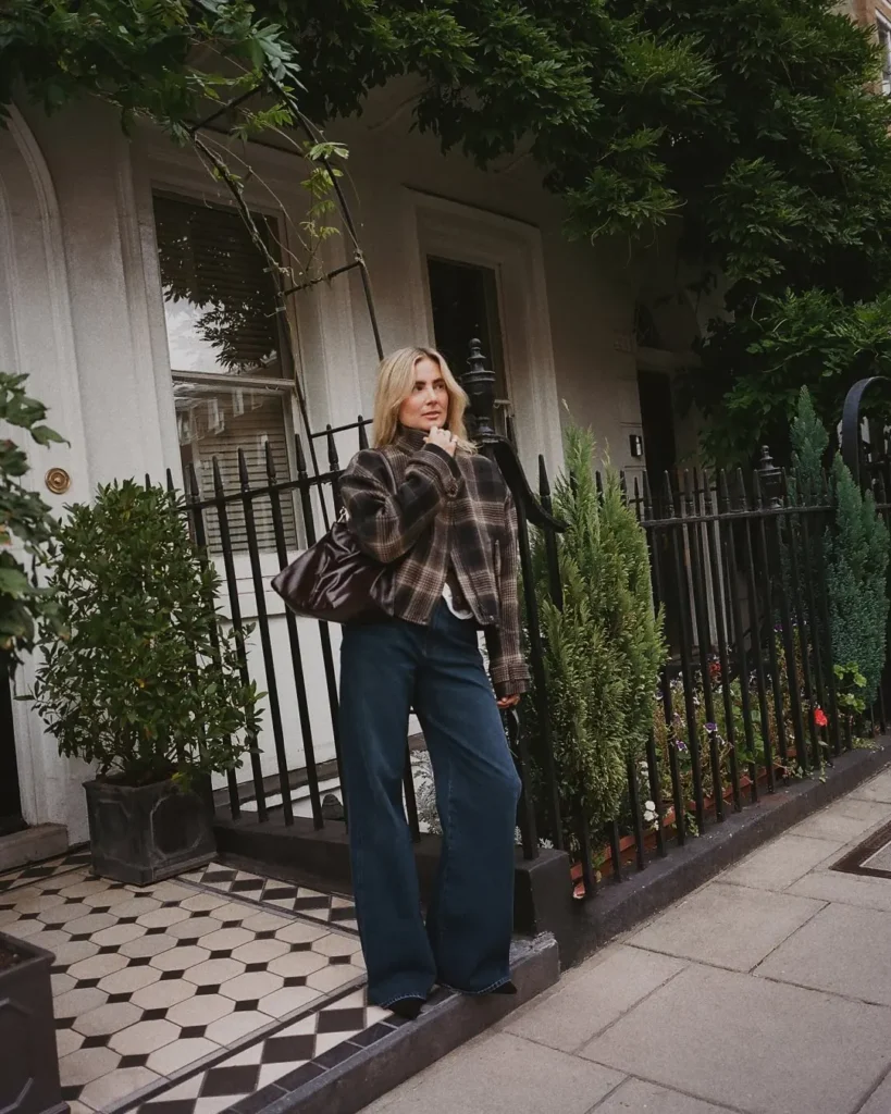 The Dark Wash Wide Leg Jeans Office Outfit With a Plaid Jacket