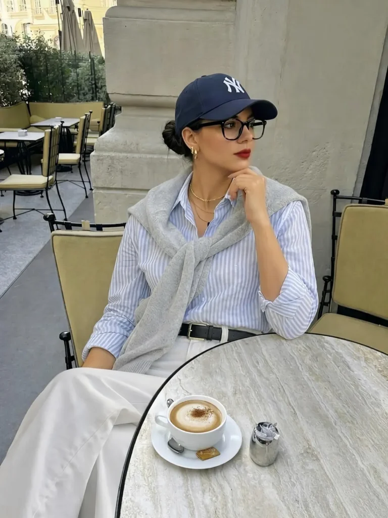 A Striped Shirt, a Gray Knit, and a Baseball Cap