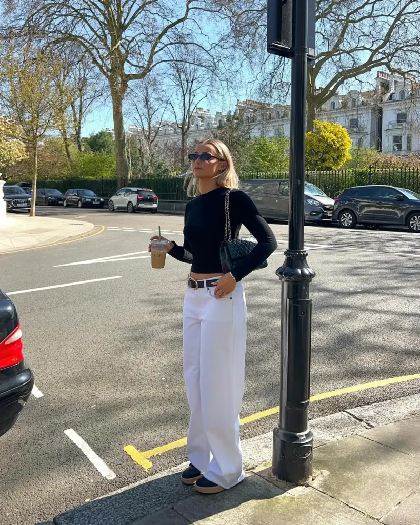 Black Long Sleeve Top With White Wide Leg Jeans