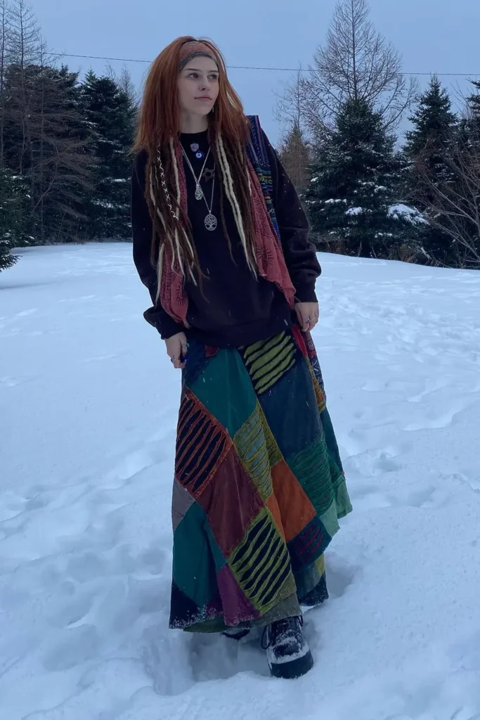 Patchwork Maxi Skirt and a Brown Sweatshirt in Winter