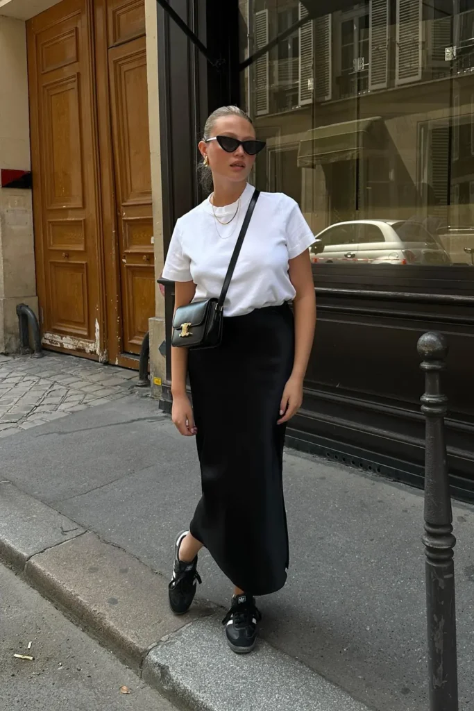 White Tee and a Black Satin Slip Skirt With Sneakers