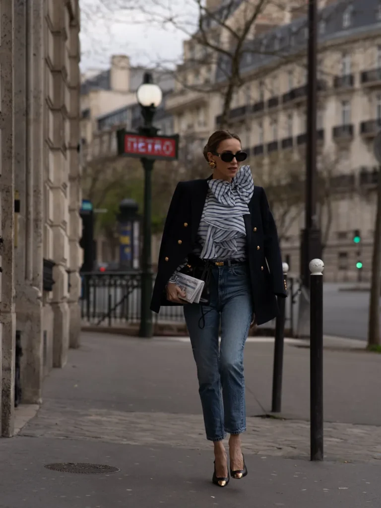 A Navy Blazer, a Striped Bow Blouse, and Cropped Jeans
