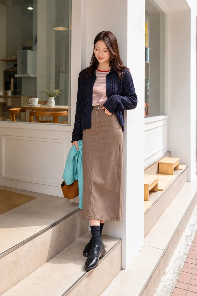 A Navy Cable Cardigan, a Striped Tee, and a Brown Denim Skirt