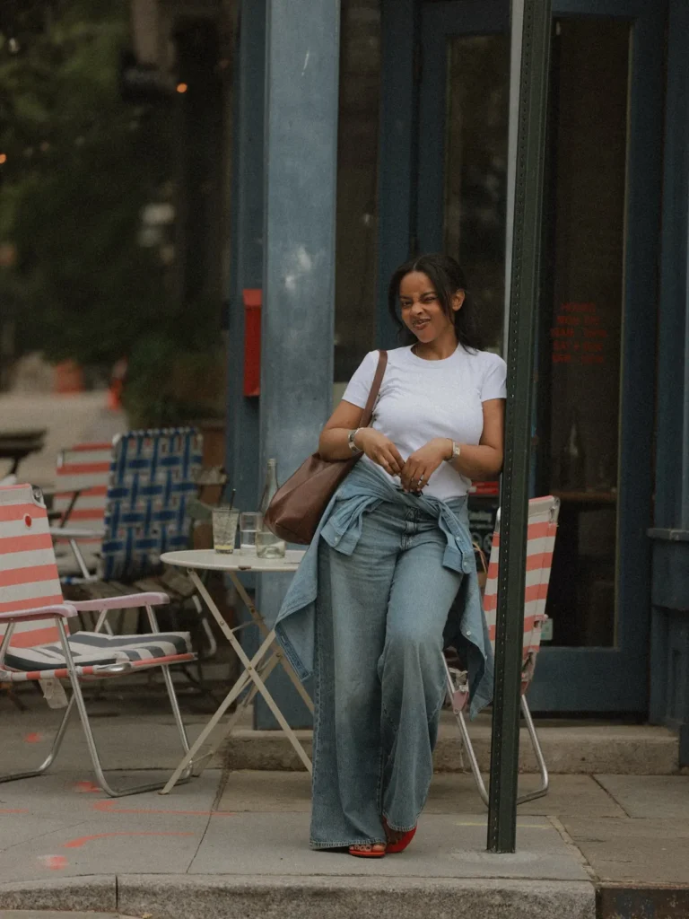 A White Tee With a Denim Shirt Tied at the Waist