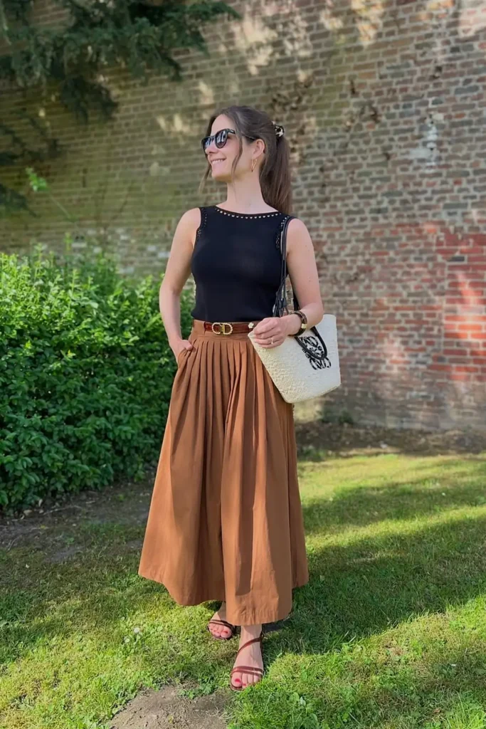 Black Knit Top and a Rust Pleated Skirt for Summer