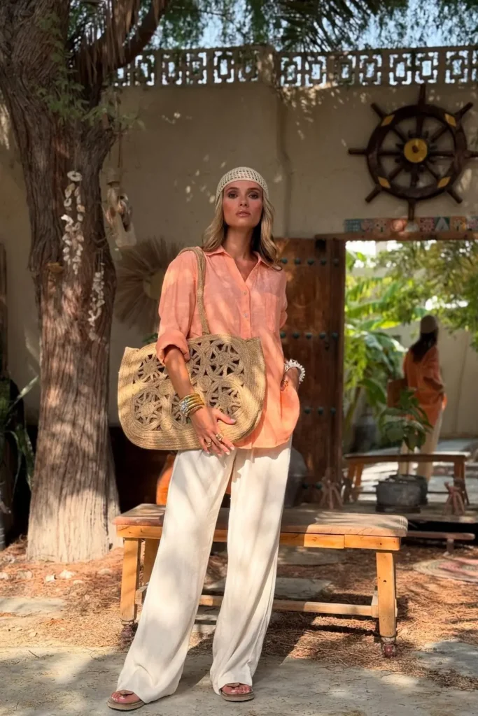 Boho Business Casual in a Peach Linen Shirt
