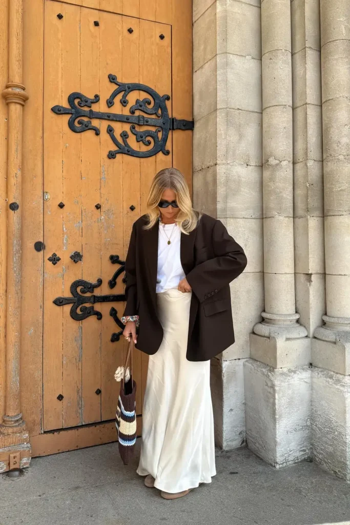 A Long Skirt and Blazer Outfit in Brown and Ivory
