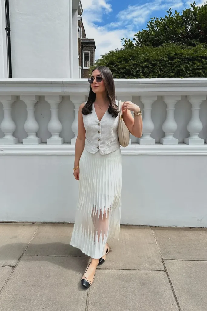 Linen Vest and an Ivory Knit Pleated Skirt for Summer