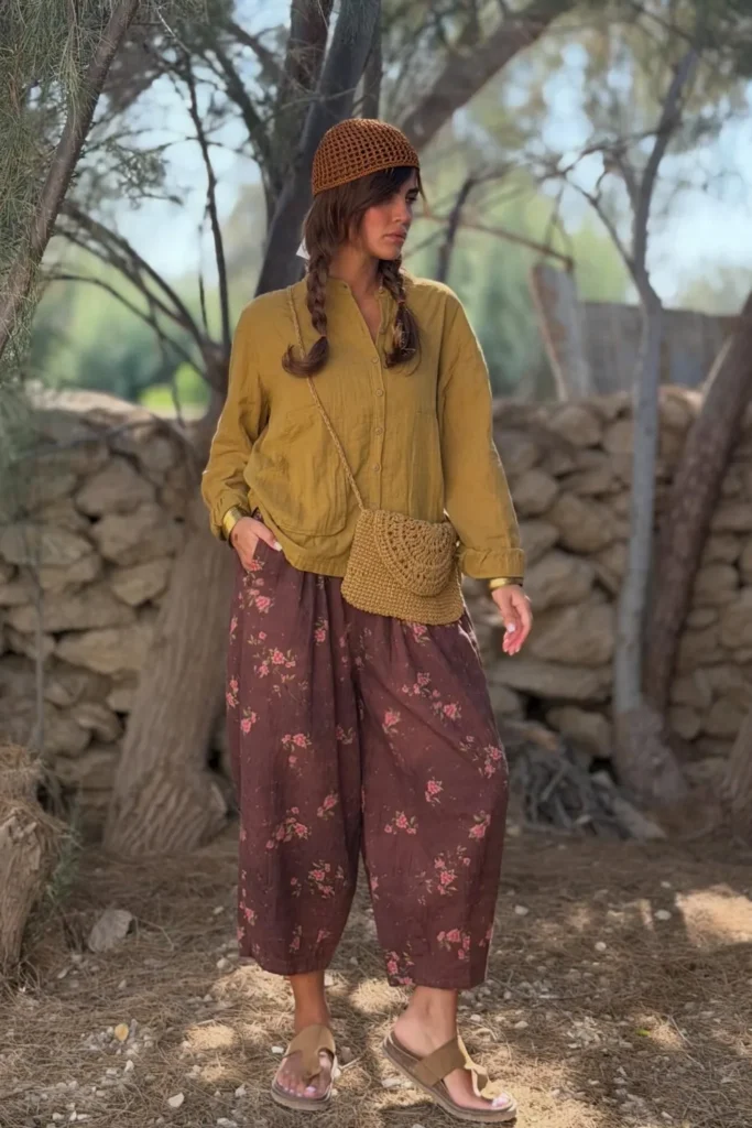 Mustard Gauze Shirt and Floral Cropped Pants