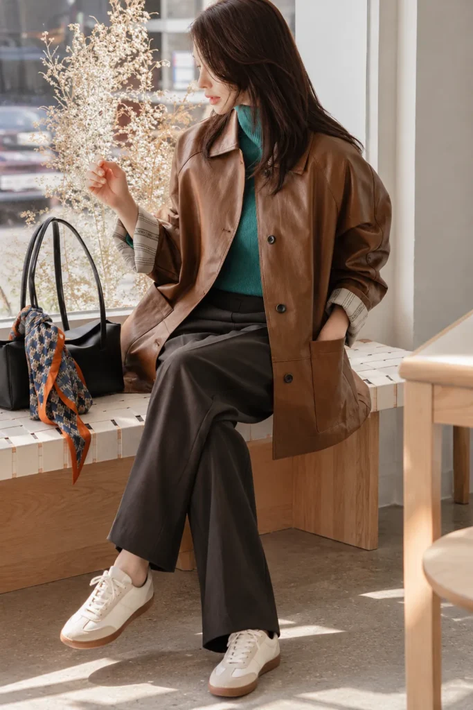 A Cognac Leather Jacket With a Teal Turtleneck