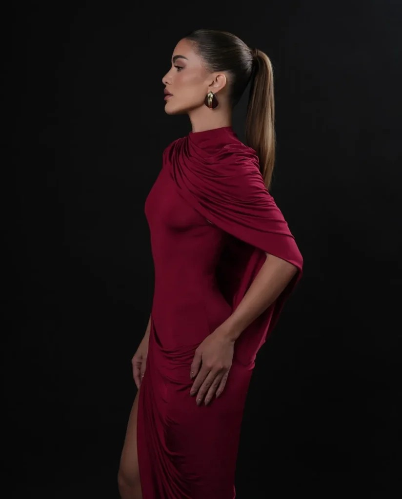 A Draped Wine Red Dress With a Built In Cape